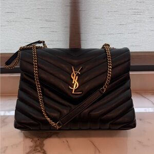 Saint Laurent Black Quilted Loulou Shoulder Bag with Gold Hardware